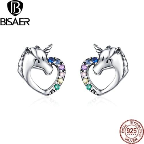 BISAER Unicorn Earrings Fashion 925 Sterling Silver Pure Animal Licorne Small Women Stud Earrings Sterling Silver Jewelry ECE611