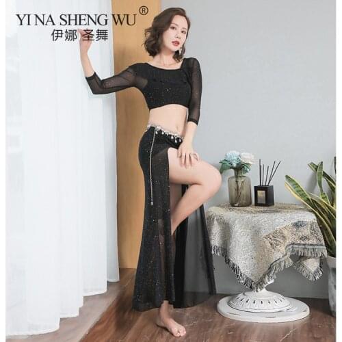 2Pcs New Belly Dance Sexy Suit Exercise Clothes Tops Practice Clothes Female Group Profession Performance Clothing Long Skirt