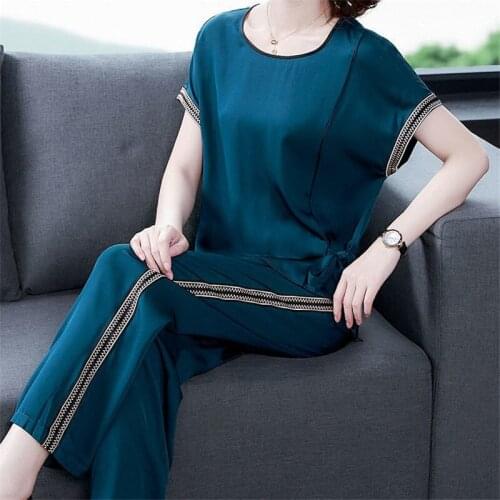 2021 Fashion Womens Two-piece Summer Short-sleeved Loose Top+wide-leg pants Middle-aged mother Plus size Casual Clothing Suit