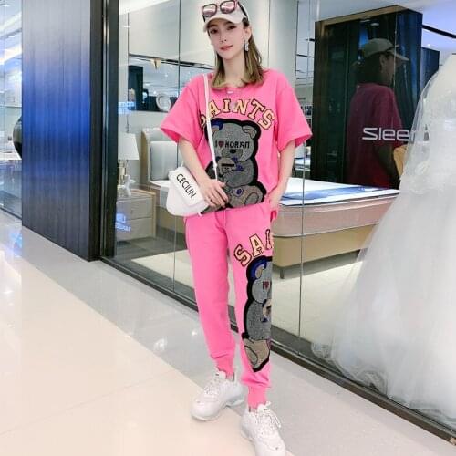 Winter White Diamond Cartoon Bear Short Sleeve Tracksuit Women Two Piece Sets,T Shirt and Harem Pants