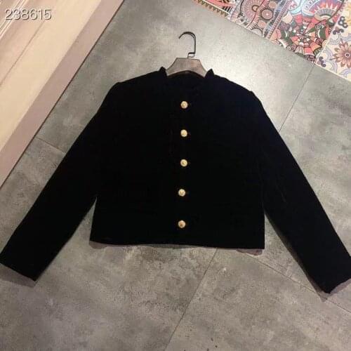 Fyion Jacket 2021 Autumn Winter New Fashion Design Women Runway Velvet Ruffles Collar Gold Buttons Elegant Slim Black Colat