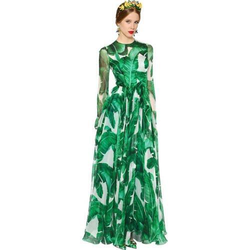 Women Green Leaves Printed Long Maxi Dress Summer Autumn bohemian Beach dresses Plus Size Holiday Green Dresses Elegant