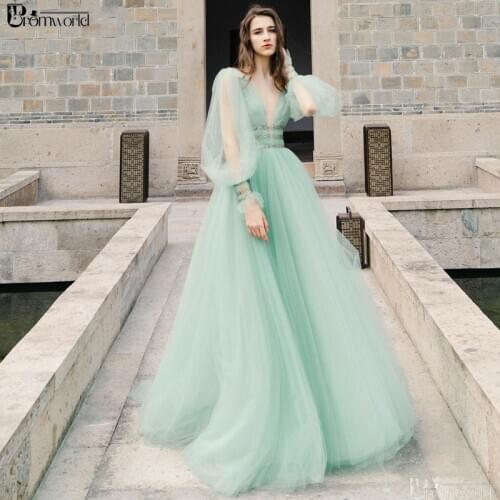Mint Green Evening Dresses 2020 V-Neck Backless Beaded Tulle A-Line Vestido De Festa Long Sleeves Evening Gowns Prom Party Dress