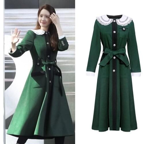 Army Green Woolen Dress High Quality Women Winter Dress Elegant Lace Peter Pan Collar Single Breasted Midi Long Dress Vestidos