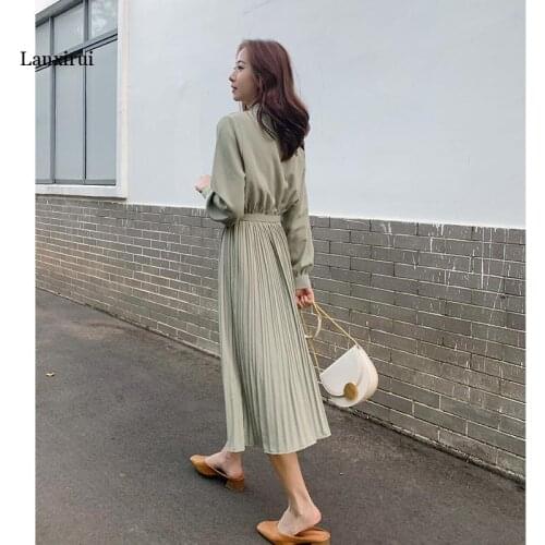 Autumn Womens Casual Dress Lady Korean Style Vintage Floral Printed Chiffon Shirt Dress Winter Long Sleeve Midi Dress Vestido