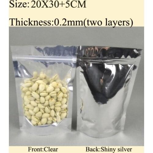 20x30+5cm, Aluminum Foil Silver / Clear Zip Lock Bag Stand up foil bag 100pcs/lot wholesale FreeShipping