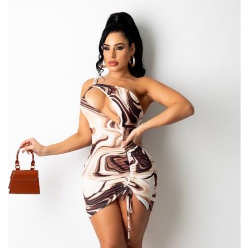 Tie Dye Print Hollow Out Single Shoulder Mini Dress Drawstring Ruched Lace Up Bodycon Sexy Streetwear 2021 Summer Y2K Dress