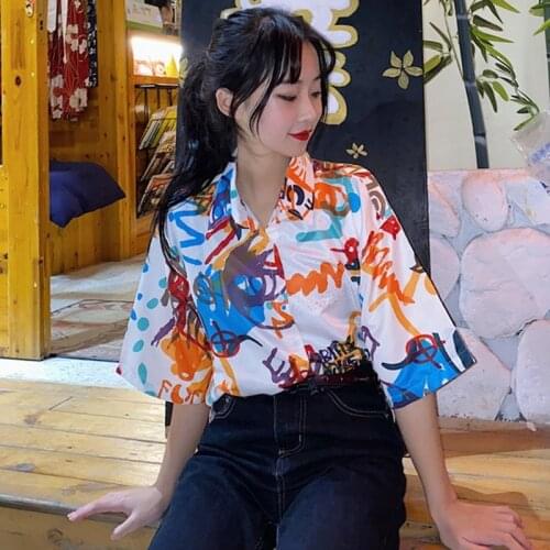 Summer Oversized Blouse Women Loose Hip-hop Shirt Vintage Beach Style Harajuku Streetwear Turn-down Collar Ladies Tops