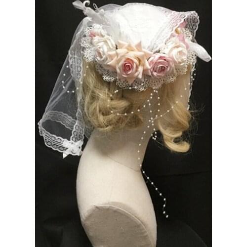 Sweet Elegant Lace Top Hat with Mesh Veil Sweet Bowknot Feather Rose Flower Bonnet Flat Cap Cosplay Party Fascinator Hair Decor
