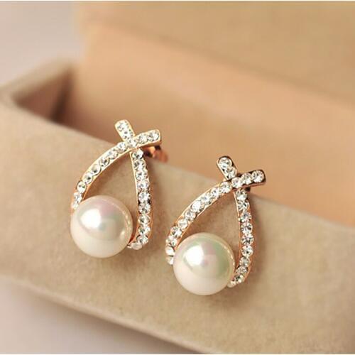 Simulated Pearl Stud Earrings For Woman Fashion Gold Crystal Brincos Pendientes Cubic Zirconia Rhinestone Earring Jewelry