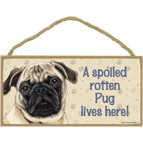 Meijiafei A spoiled rotten Pug (Brown/tan color) lives here wood sign plaque 5" x 10"