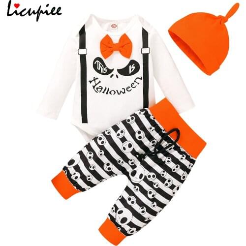 0-18 Months 3pcs Baby Halloween Outfit, O-neck Long Sleeves Romper + Skull Stripe Pants + Hat for Toddler Boys