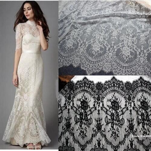 150CM Wide High quality soft white black jacquard eyelash lace fabric diy craft wedding dress clothing lace material