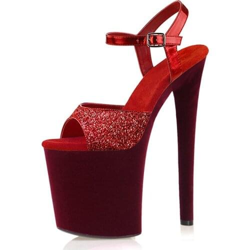 Mclubgirl 20CM Summer Suede Sexy Female High Heels Transparent Fish Mouth Model Catwalk Nightclub Plus Size Sandals LYP