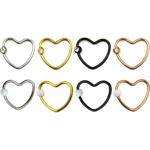 Stainless Steel CZ Crystal Gem & Opal Stone Captive Bead Ring Daith Piercing Heart Earring Cartilage Helix Tragus Nose Hoop Stud