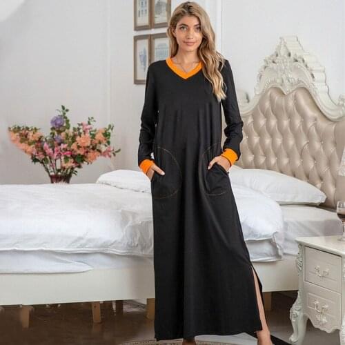 Women Nightdress Sleepwear Loose Long Sleeve Pocket Cotton V-Neck Split 2021 Spring New Casual Soft Comfortable Home Dress