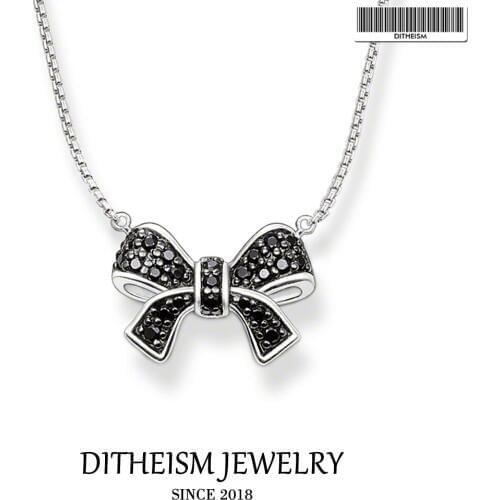 Link Chain Necklace Black Bow Knot Pendant, 2018 New Fashion 925 Sterling Silver Jewelry Trendy Gift For Women Girls