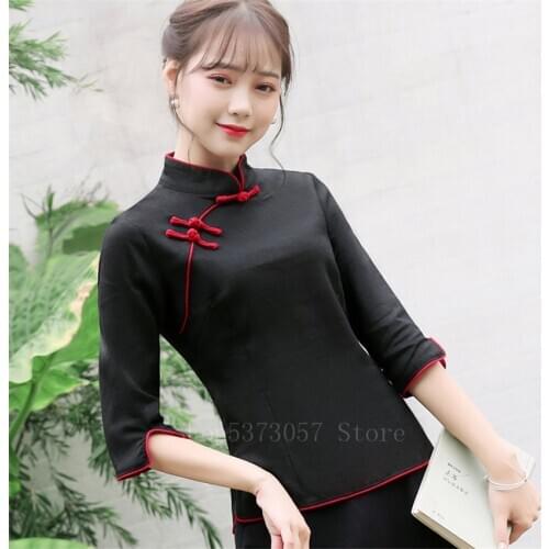 Chinese Traditional Style Cheongsam Shirt Retro Solid Woman Linen Tang Suit Casual Mandarin Collar Blouse Elegant Qipao