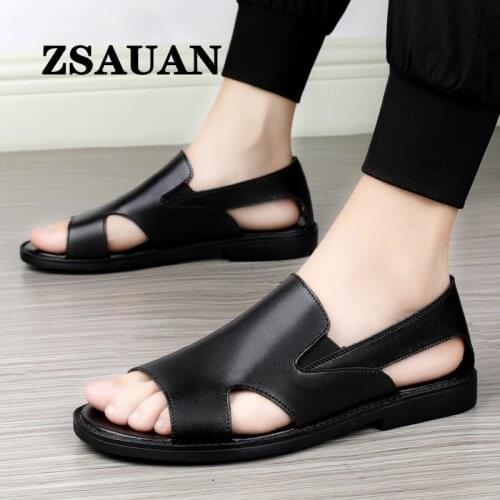 ZSAUAN Size 5-10.5 Casual Comfortable Flat Sandals for Men Barefoot Roman Slip-on White Black Cow Split Leather Summer Men Shoes