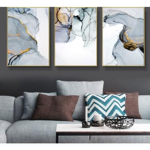 Nordic Modern Abstract Blue-gray Line Canvas Painting Golden Blue Smoke Art Posters Print Wall Art Picture Room Decor Home Decor