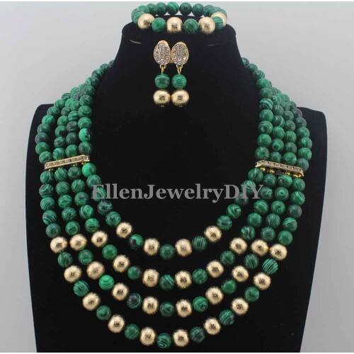Splendid Green Stripe Beaded African Fashion women necklace Set earrings Nigerian Wedding Jewelry Set Free ShipW13754