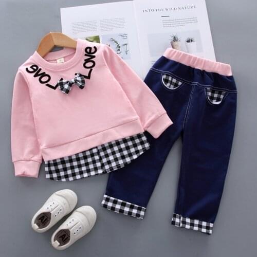 Spring Autumn Girls' Clothes Set Cute Long Sleeve Letter Check Splicing Top + Pants 2-piece Sports Childrens Clothing Set 1-4Y