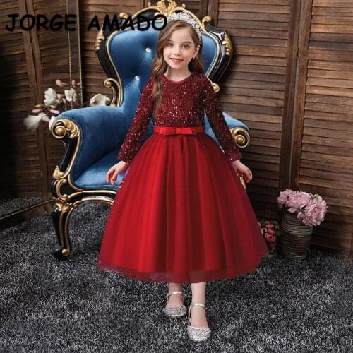 2021 New Spring Teenagers Girls Dress Long Sleeves with Bow Sashes Princess Dress Piano Performance Kids Clothes E318