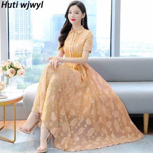 High Quality 2021 Summer Solid Chiffon Jacquard Maxi Dress Vintage Plus Size Sundress Elegant Women Bodycon Party Black Vestidos