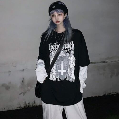 2021 Summer Street Style Oversize O-neck Women T-Shirt Gothic The Cross Print Short Sleeves Loose Cotton Ladies T Shirts Top Tee