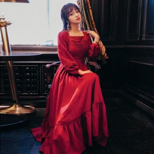 2019 new fashion womens adult clothing spring dress red wedding retro long-sleeved waist holiday beach