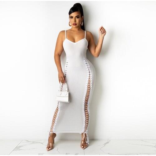 Black White Lace Up Eyelet Drawstring Maxi Dress Women Spaghetti Strap Sleeveless Party Dress Elegant Hollow Out Skinny Dress