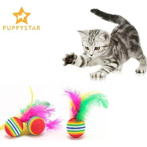 1PC Funny Balls Cat Toy Feather Striped Rainbow Balls Toys For Cats Kitten Interactive Pet Training Toy Cat Game Supplies SJ0009