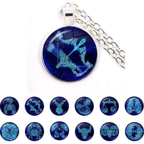 12 Constellation Necklace Zodiac Signs Glass Cabochon Pendant chain Necklace DIY Handmade Birthday Gifts for Women
