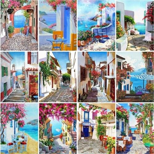 AZQSD 5D Diy Diamond Embroidery Town Seaside Rhinestones Art Full Kits Diamond Painting Flower Landscape Cross Stitch Kits