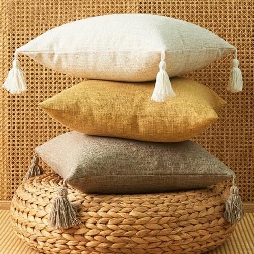 Free Shipping Modern Simple Tassels Solid Cushion Cover Cotton and Line Art Style Square Pillowcase No Core XA8173