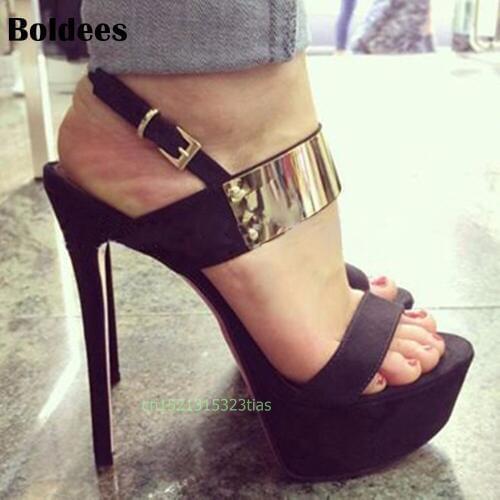 Boldees 14cm super high heel shoes sandals heels Suede leather Buckle open toe sandal summer comfortable Black Gold larger size