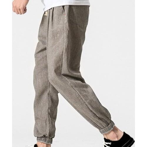 Spring Summer Men Cotton Linen Blend Casual Pencil Pants Large Size Elastic Mid Waist Ankle Banded Pants Loose Thin Trousers 5XL