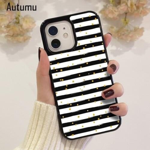 Phone Case for iPhone 12 mini X XS XR 11 Pro Max SE 2020 5 6S 7 8 Plus Samsung S8 S9 S10 S20 S21 Black Stripes Gold Dots Cover