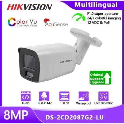 Hikvision Bullet IP Camera ColorVu and Acusense 8MP POE DS-2CD2087G2-LU Built-in Microphone 130dB WDR IP67 F1.0 Super-Aperture