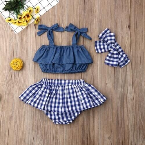 New Fashion Newborn Clothes Sets Baby Girl Sling Ruffle Crop Top Girls Plaid Mini Skirt Headband 3Pcs Outfits Clothes