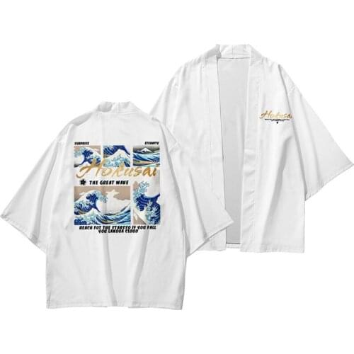 Summer Wave Printed Japanese Style Samurai Kimono Pants Suit Streetwear Men Women Cardigan Japan Harajuku Clothes