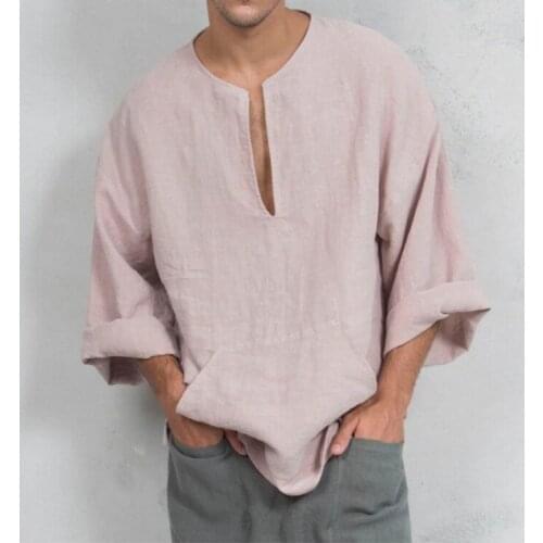 Solid Chinese Style Clothing for Men Long Sleeve Linen Kung Fu Outfit Leisure Loose T-shirt Tang Tops Oriental Costumes Shirts