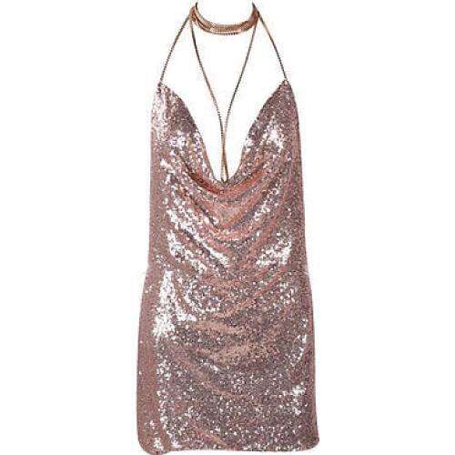 Women Bling Bling Sexy Deep V Backless Dress Bandage Bodycon Halter Sleevelss Party Clubwear Cocktail Pencil Mini Dress