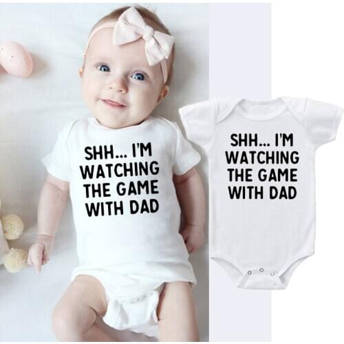 Shh I'm Watching Game with Dad Print Funny NewbornRomper Infant Baby Boy Girl Fashion Cute Short Sleeve Jumpsuit Outfit
