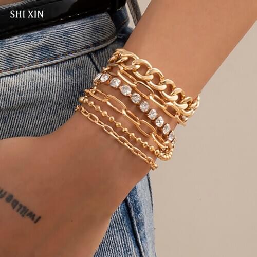 SHIXIN 6 Pcs Thick Link Chain Bling Rhinestone Bracelets Set for Women Fashion Crystal Small Beads Bracelets Hand Chains Jewelry