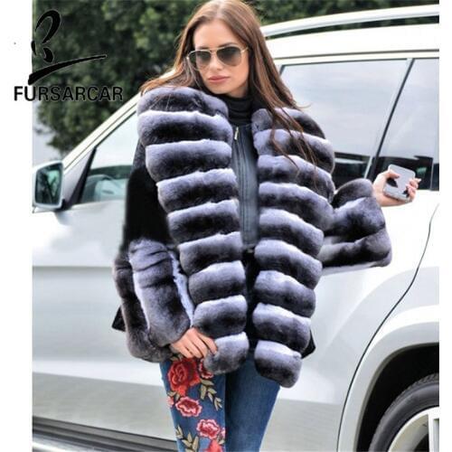 FURSARCAR 2020 Luxury Rex Rabbit Fur Coat With Big Turndown Fur Collar Fashion Warm Winter Rex Rabbit Fur Jacke For Women