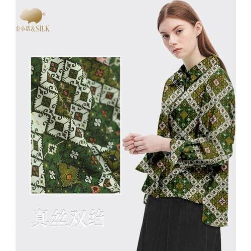 Broken Green Plaid Silk Crepe De Chine New Spray-Painted Silk Fabric Printed Cloth Clothing Dress