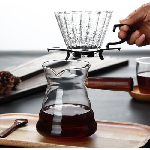 Glass Coffeeware Wood Handle Coffee Dripper Pot 600ml Pitcher Jug Heat Resisting Kettle Reusable Percolators Filter Funnel