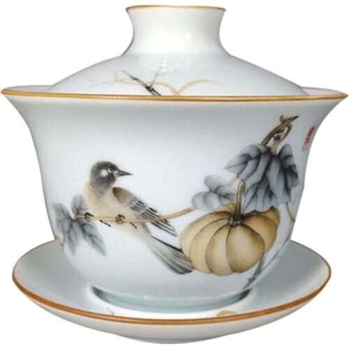 Vintage Bird Gaiwan Ceramics Rose Flower Tea Cover Bowl Retro Garden Sancai bowl