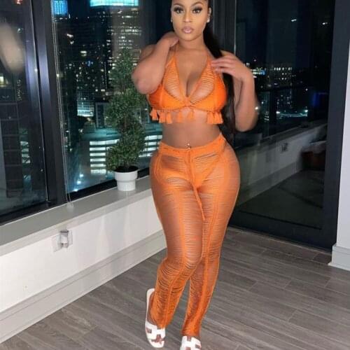 Sexy Pieces Set 2020 See Through Summer Outfits Crop Tops +Fishnet Pants Suits 3 Piece Women Mesh Over Size Coat Pants Sets